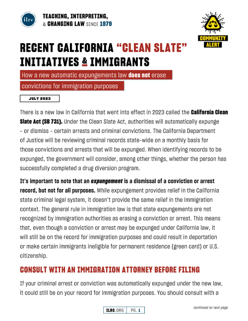 Recent California “Clean Slate” Initiatives & Immigrants Immigrant
